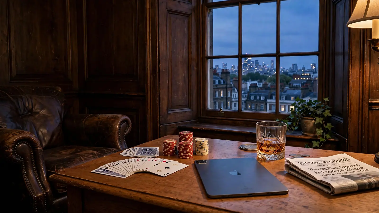 British study interior with casino chips, playing cards, and a face-down tablet on an oak side table.