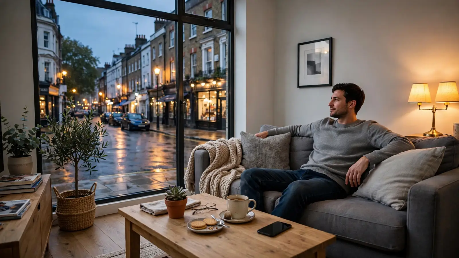 British living room with smartphone and tea, representing online casino access in the UK.