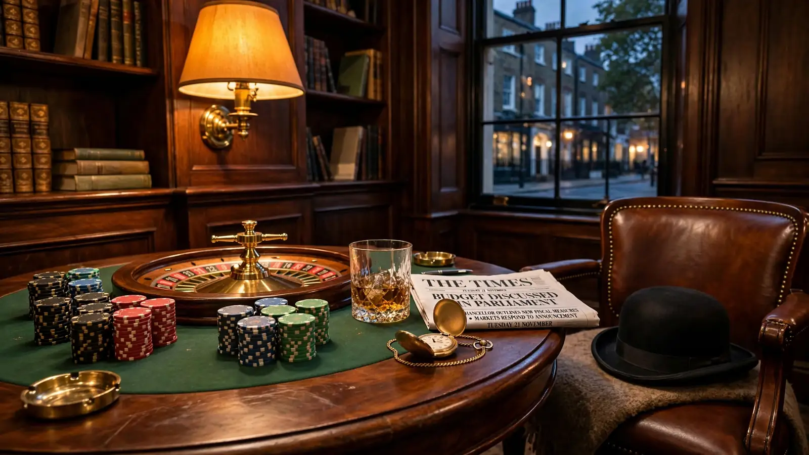 Evening card table with chips, roulette wheel, and whiskey in a London private club.