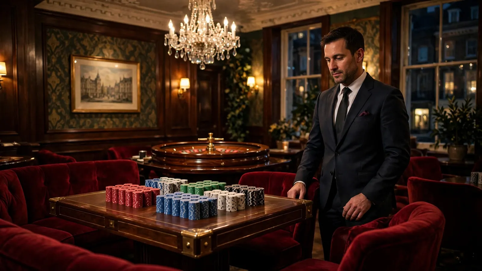 Stylish London casino lounge with roulette wheel and chips