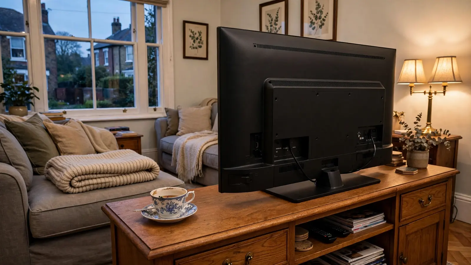 Living room in a UK home with a turned-away television and a cup of tea