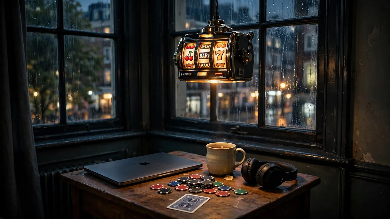 London flat corner with table, closed laptop, poker chips, and rain-streaked window at night.