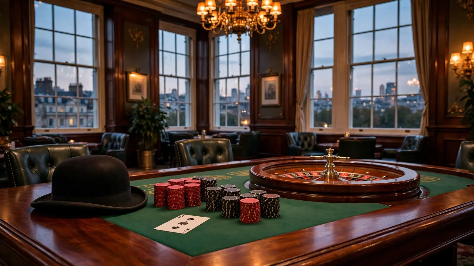 London casino lounge with chips, roulette wheel and playing card on green felt
