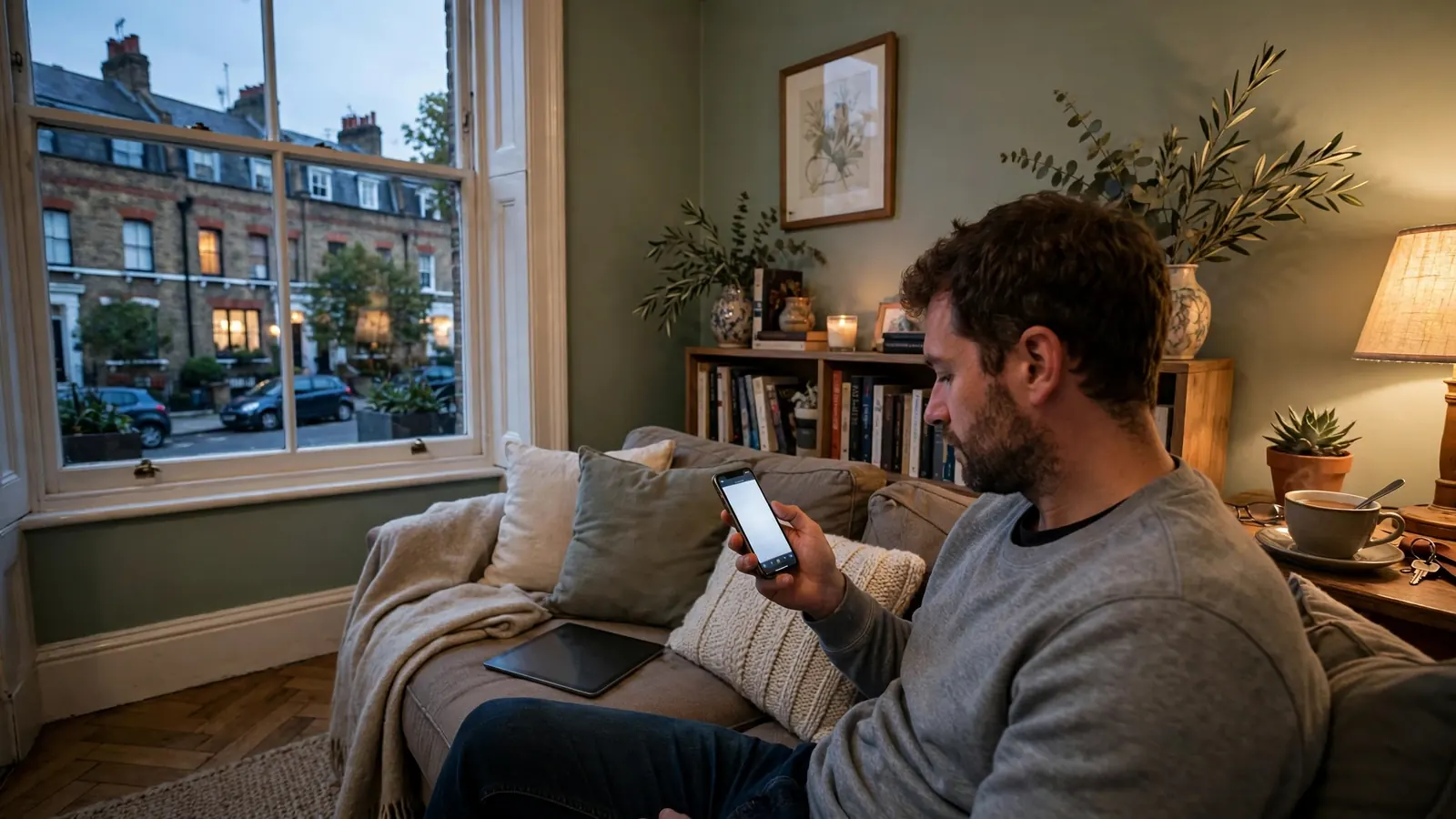 Person browsing a phone on a sofa in a London flat, searching for online casino games.