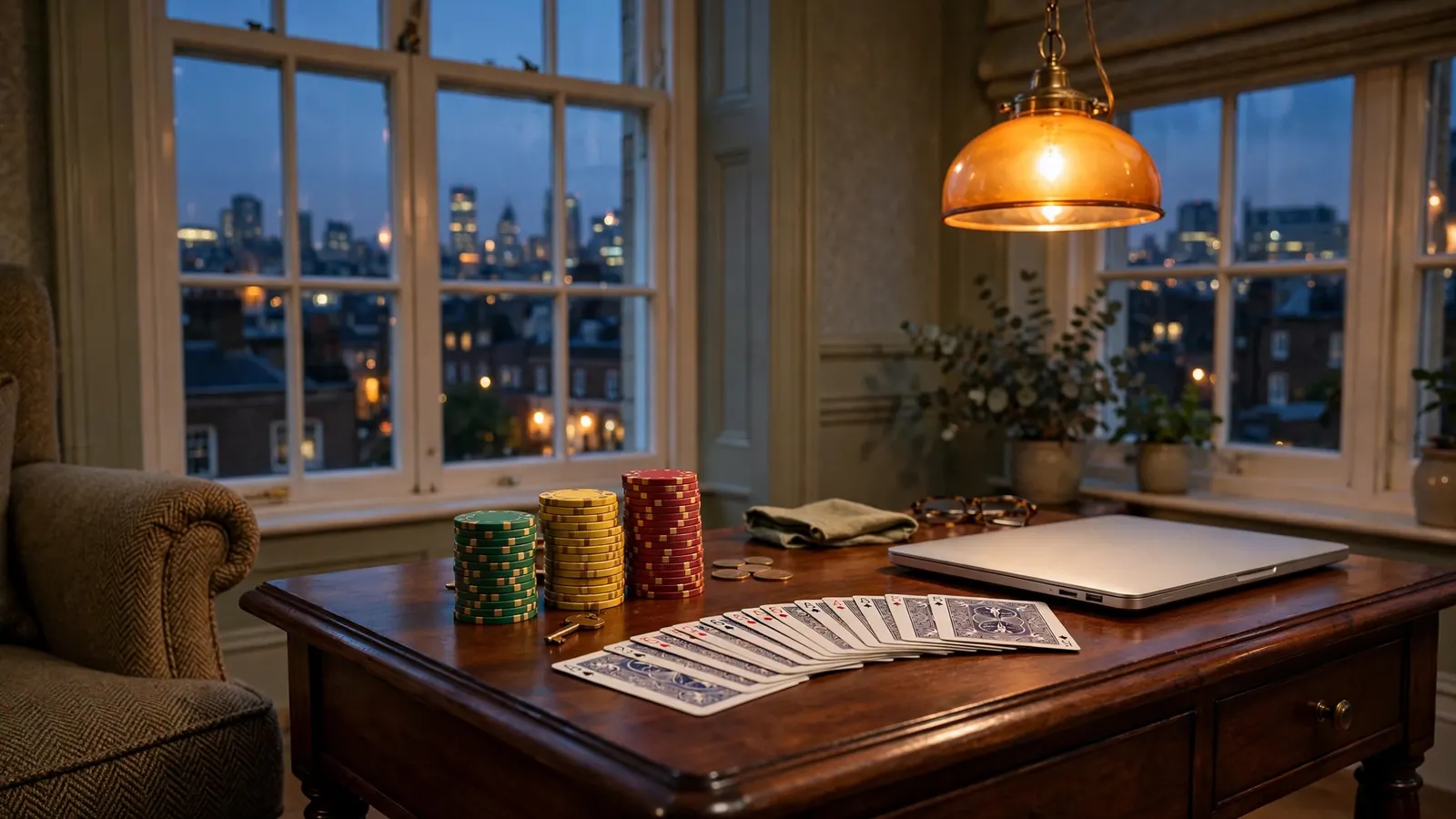 Casino chips and playing cards on a wooden table in a British interior with a closed laptop.