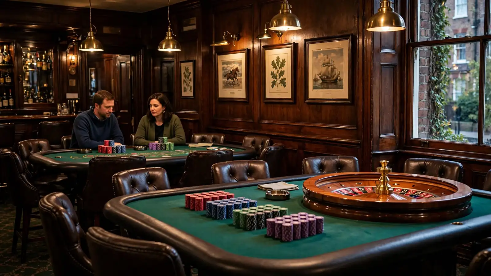Traditional British casino lounge with roulette wheel and chip stacks