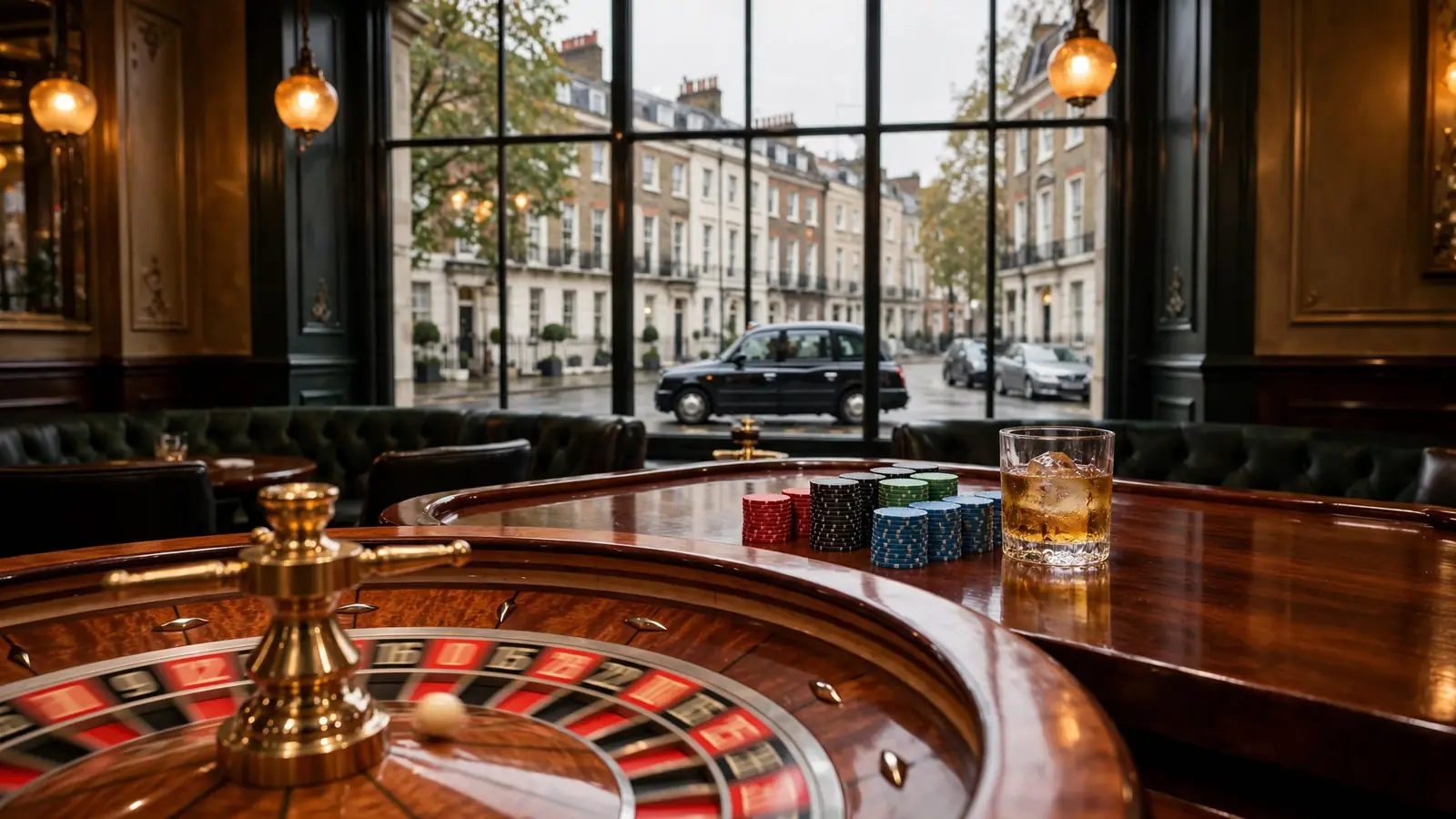 Elegant British casino lounge with roulette wheel, chips and whisky