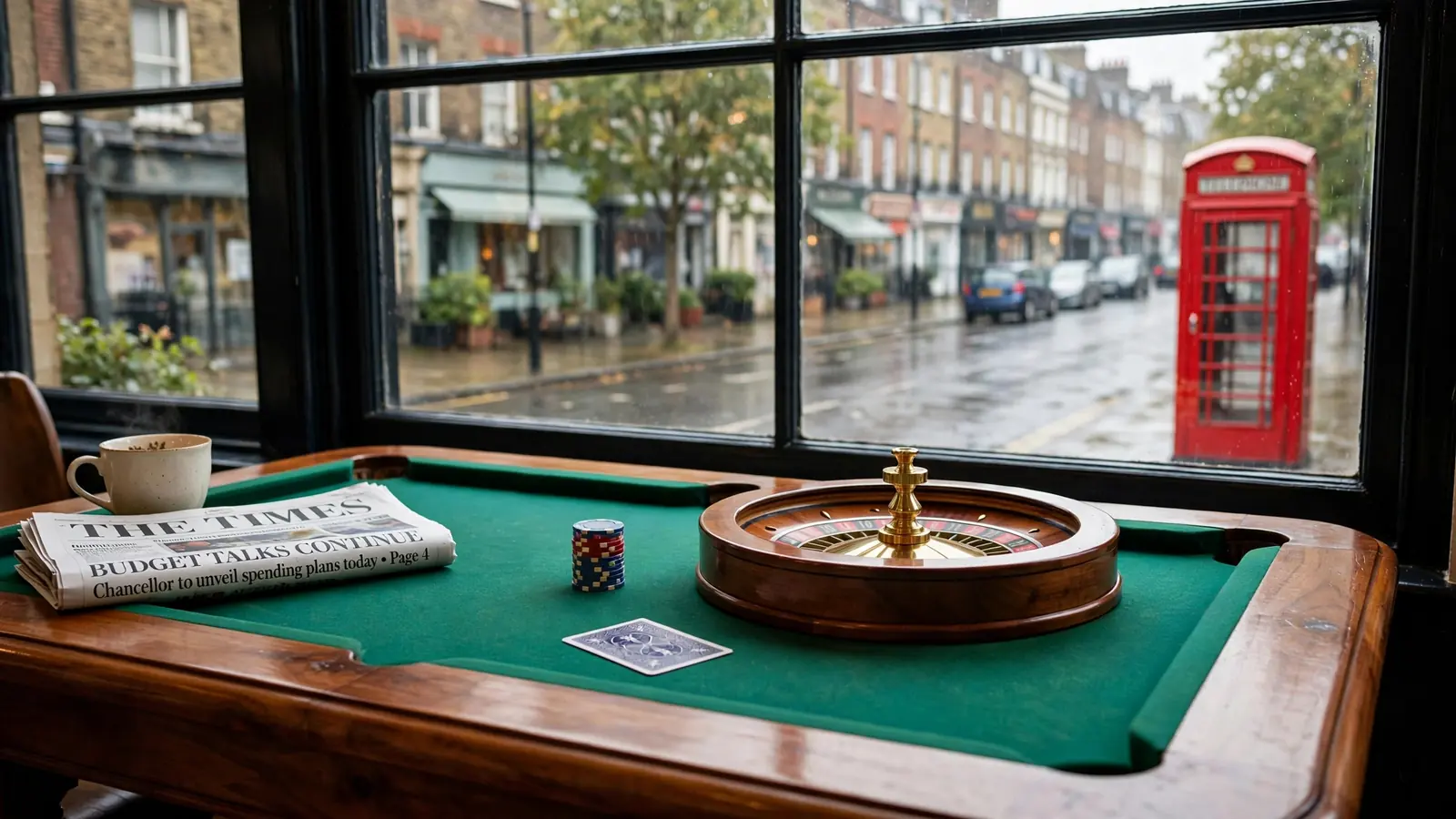 Casino chips and roulette wheel on a table by a window overlooking London