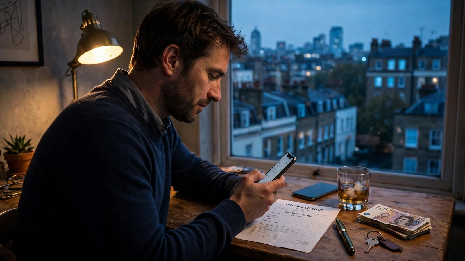 Man in London apartment reviewing an online casino license document beside a face-down smartphone.