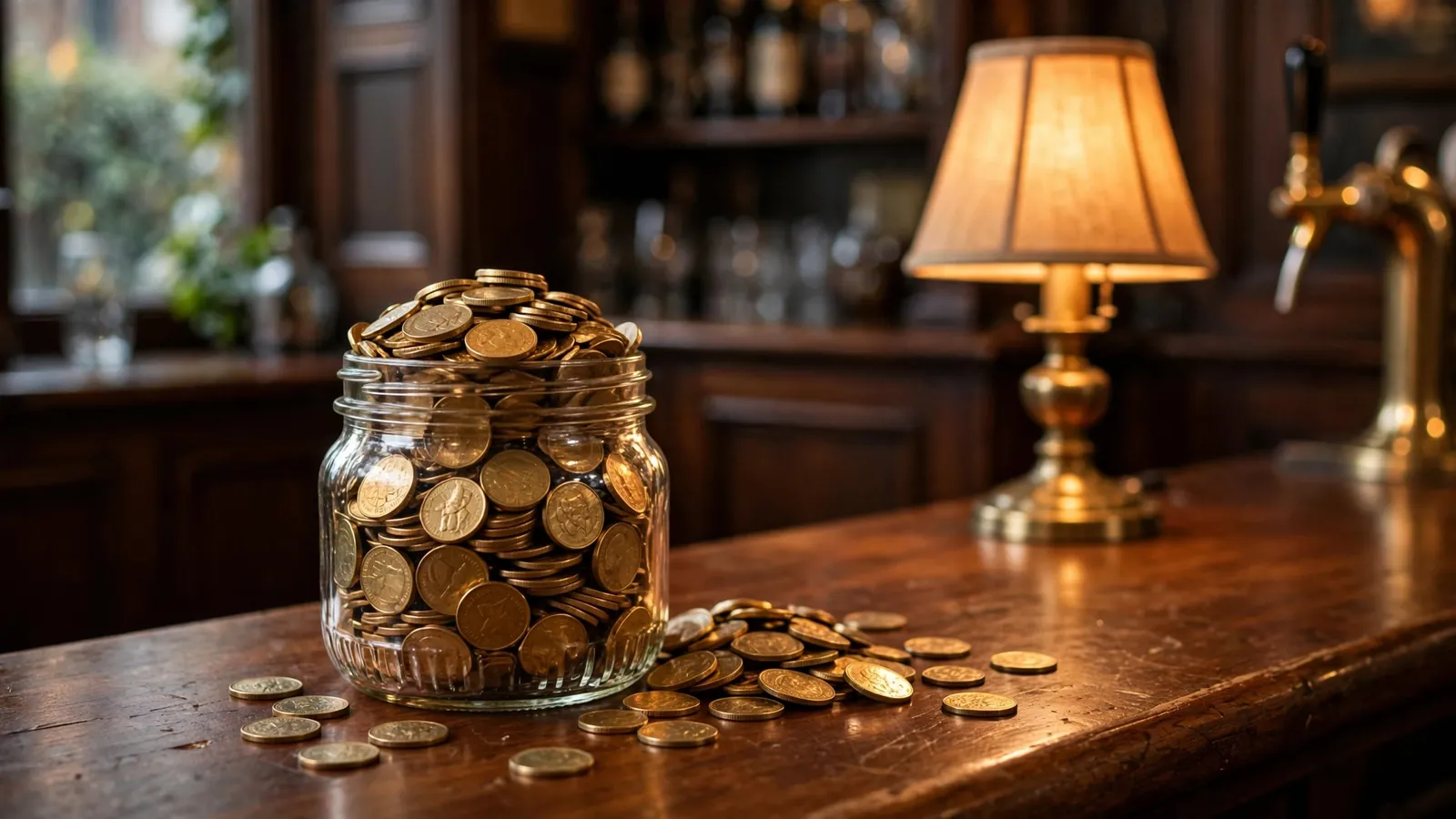 Overflowing jar of gold coins on a pub counter, symbolising a growing jackpot prize pool.