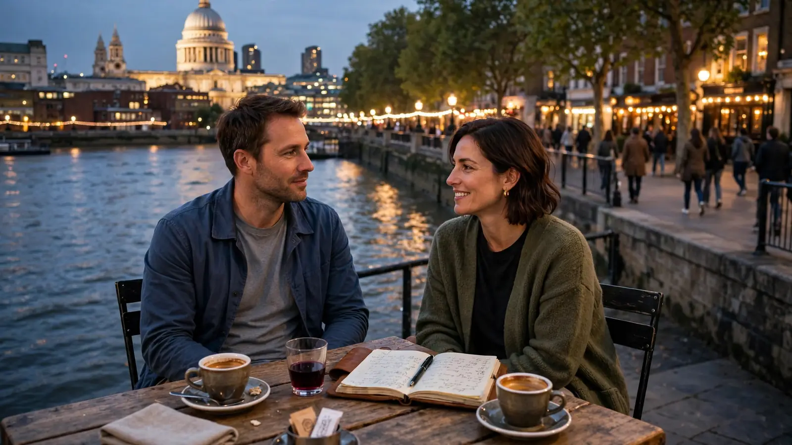 Couple at a riverside London café with St Paul's Cathedral in the background