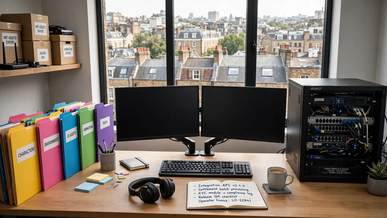 UK game software studio with development equipment and London rooftops