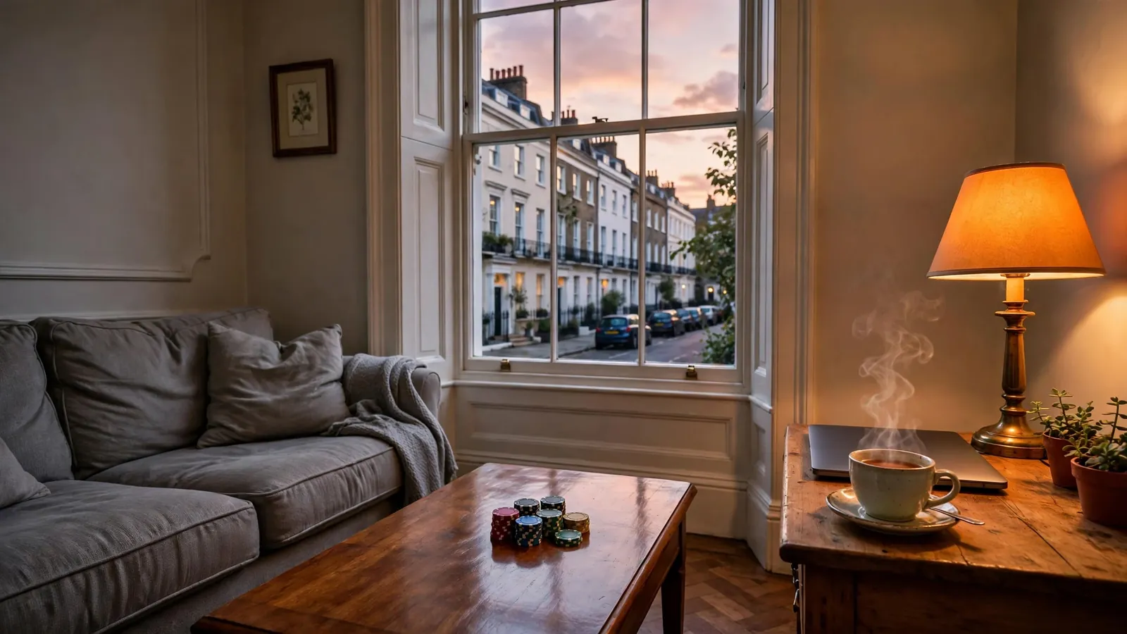 British living room with closed laptop, tea, and casino chips by a Georgian window at dusk.