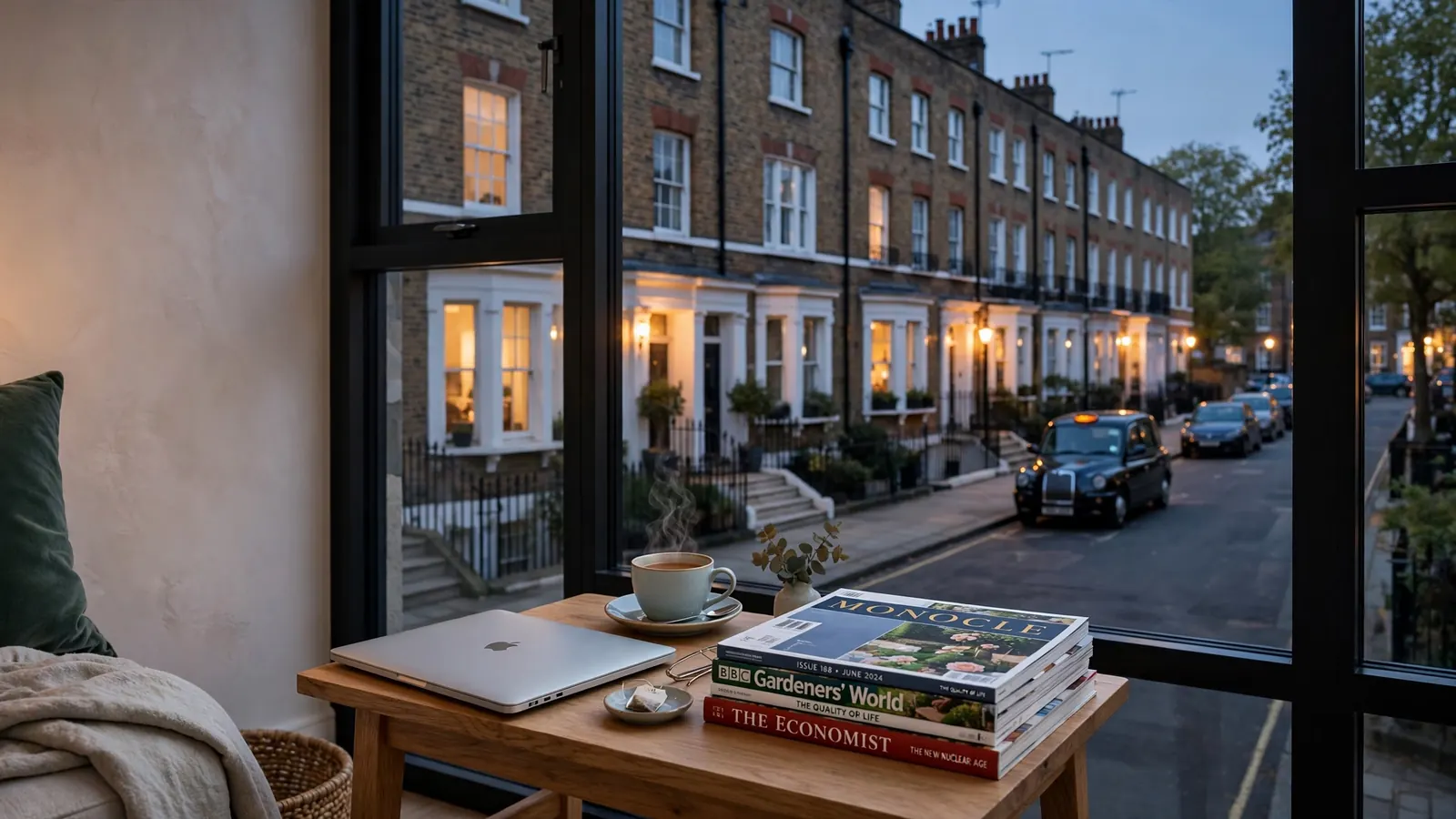 London flat interior with laptop, tea, and evening street view