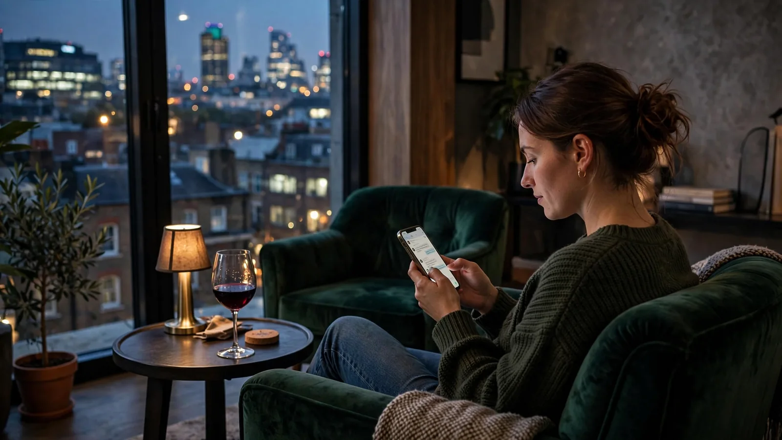 Woman relaxing in a UK lounge with a smartphone and a glass of wine