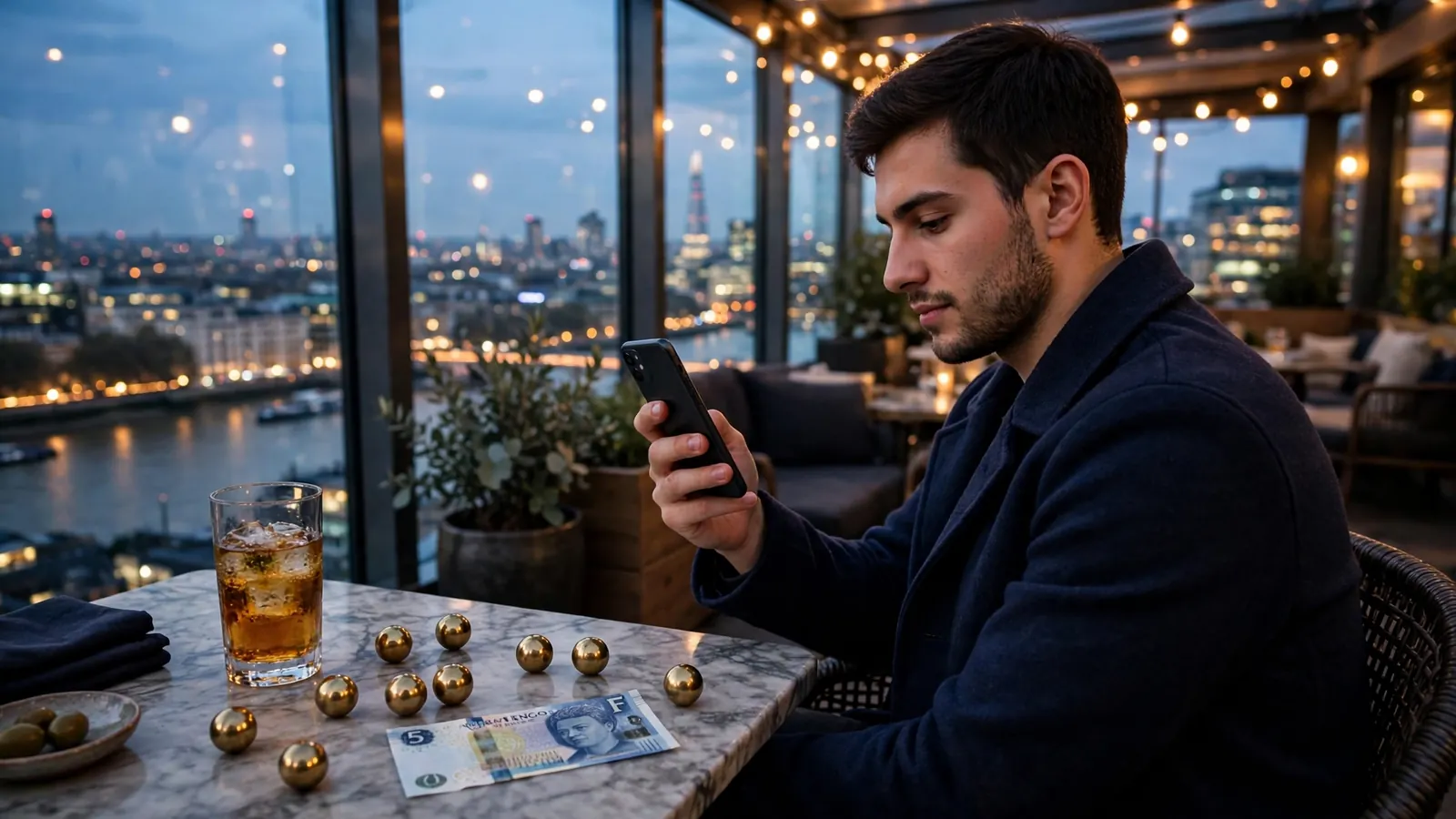 London rooftop lounge with Shard skyline, man with phone, whisky, five-pound note, and brass bingo balls.