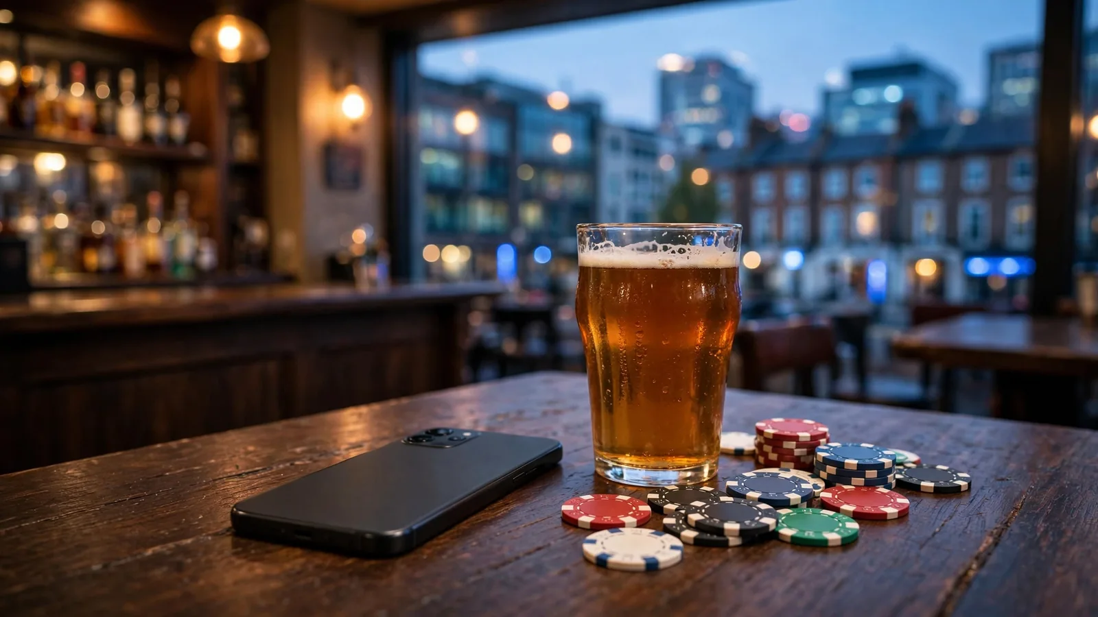Smartphone face-down on a pub table with chips and ale, UK cityscape at dusk through the window.