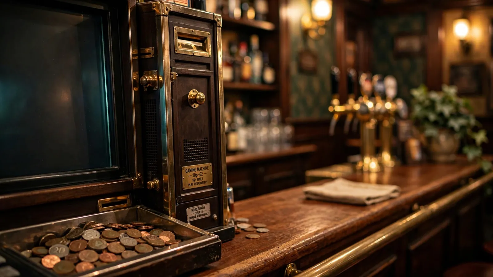 Slot machine in a British pub with coins on the tray