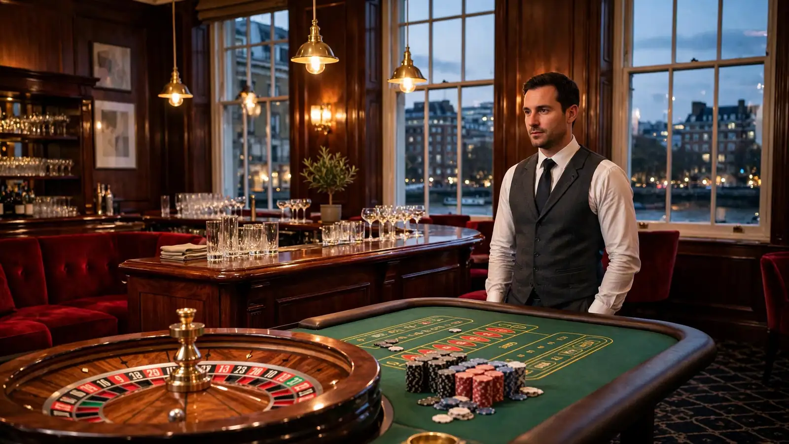 Elegant London casino lounge with roulette wheel and chips at dusk