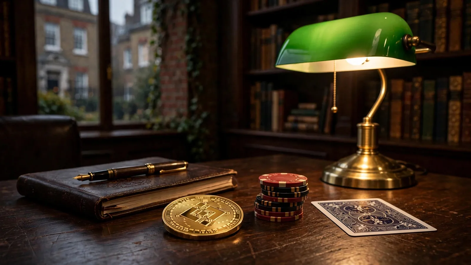 Golden BNB coin with casino chips and a card on a wooden desk