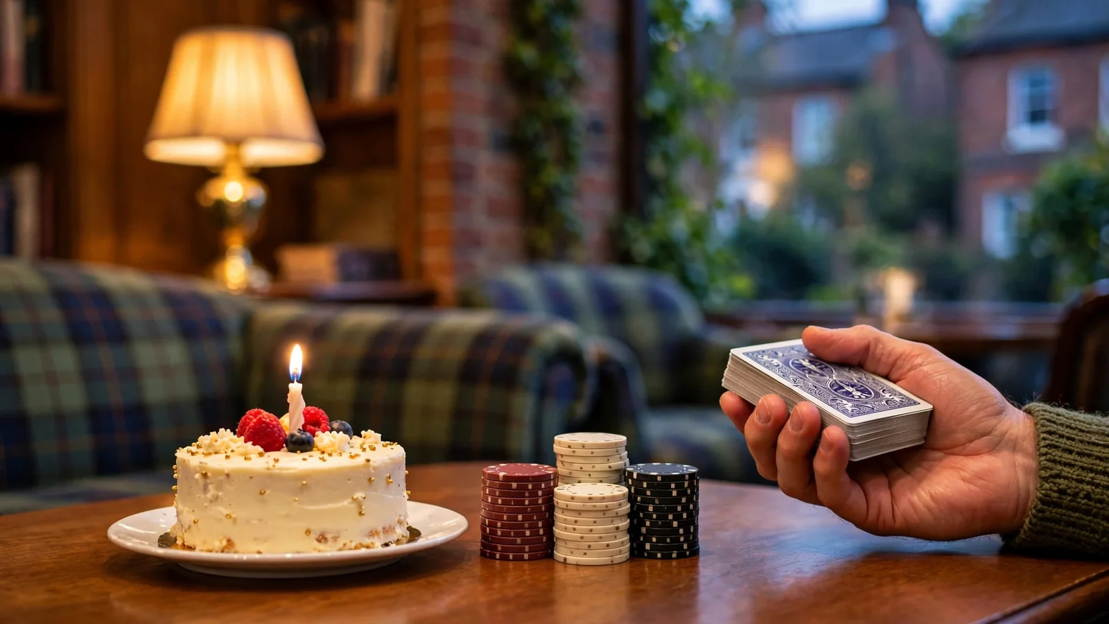 Birthday cake beside casino chips and playing cards on a wooden table