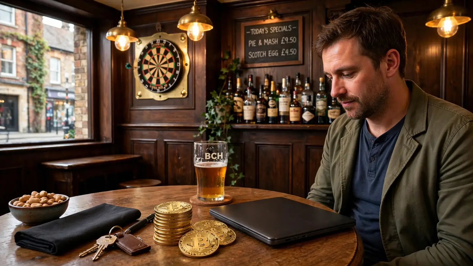 Person at a British pub table with Bitcoin Cash tokens and a closed laptop.