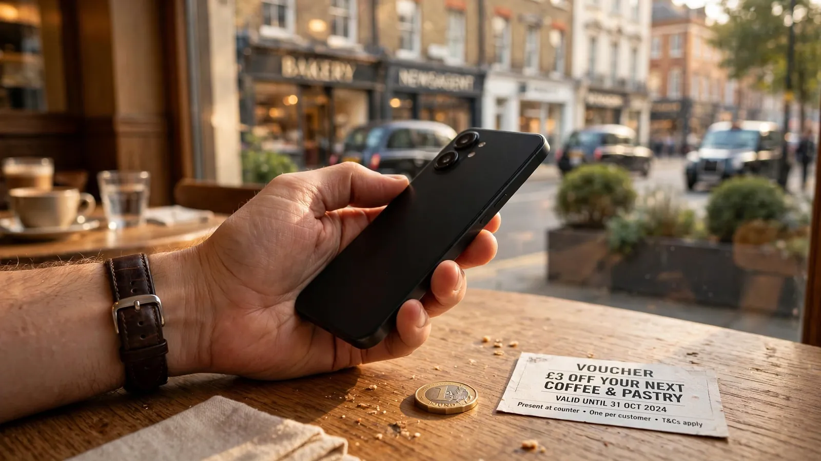 Hand with smartphone, pound coin, and voucher on a London café table