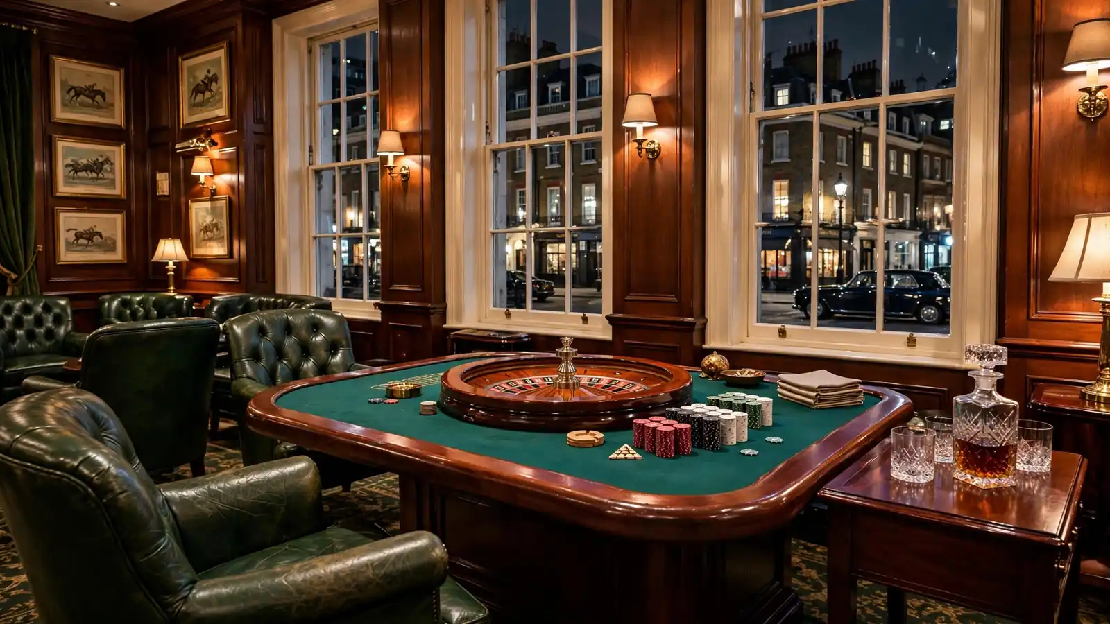 Traditional British casino lounge with roulette table, leather chairs, and a rainy London night visible through the window.