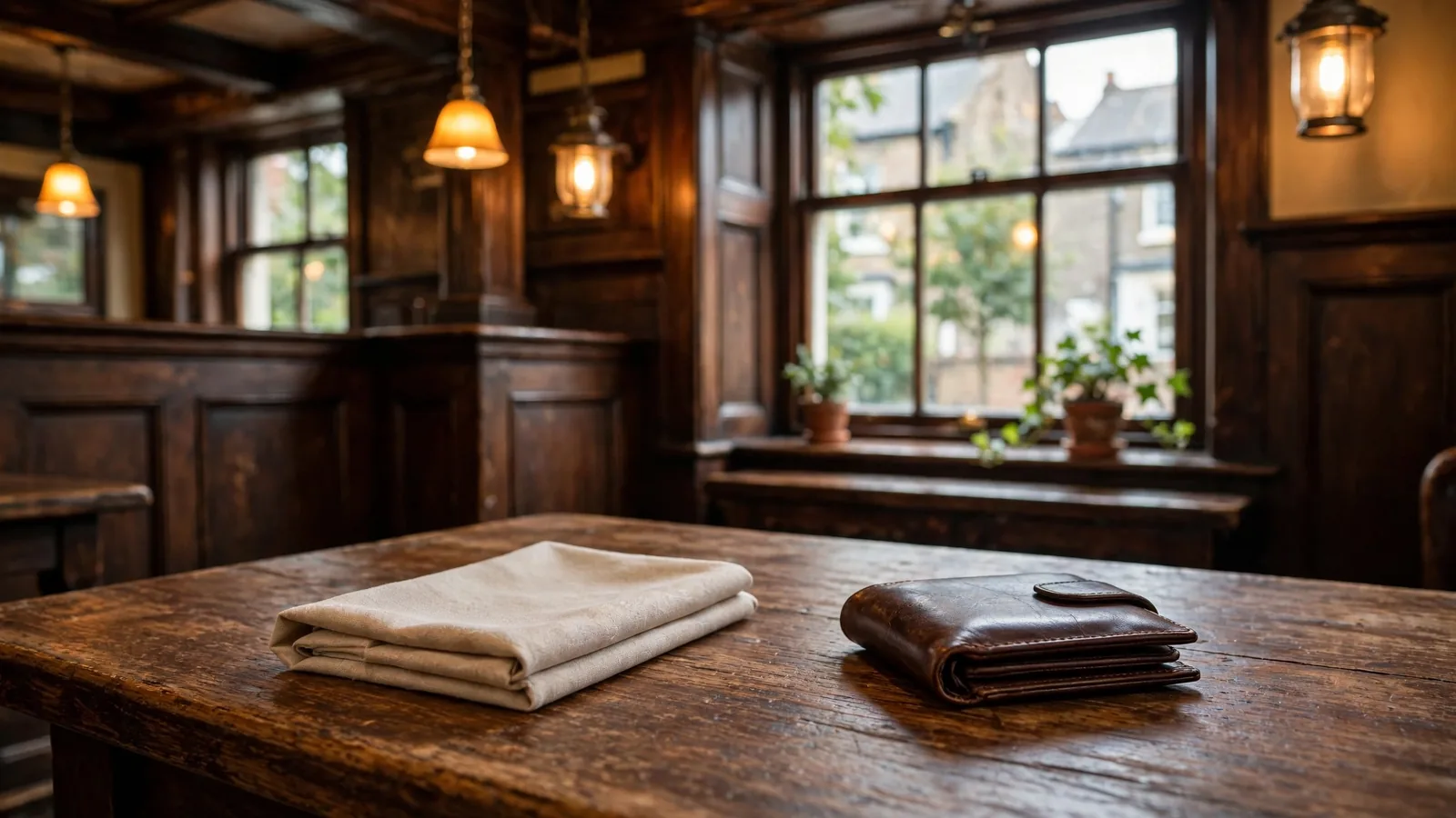 Empty traditional British pub table with closed wallet, warm lighting, no people
