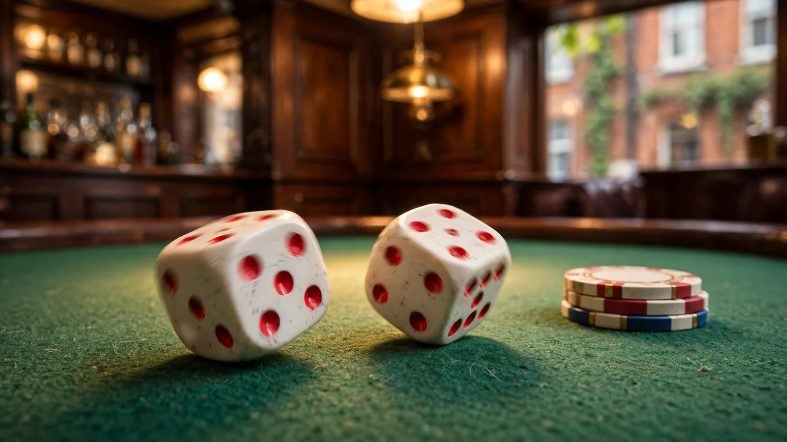Dice mid-roll on a green felt casino table with chips nearby in a British-style interior.