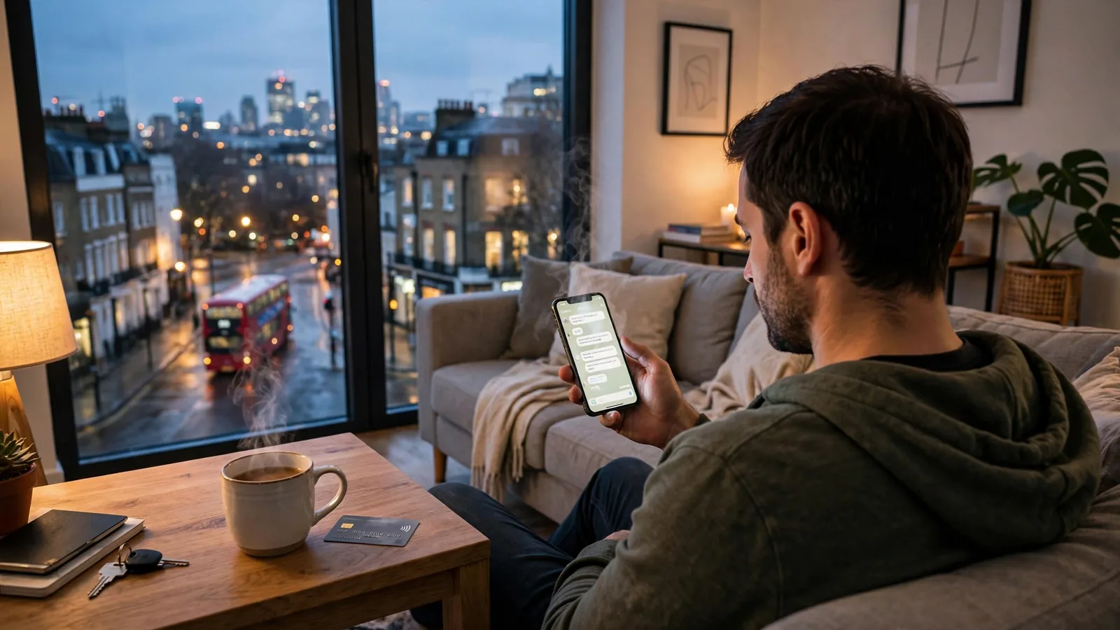 Person checking phone in a modern London flat at dusk, mug and bank card on the table.