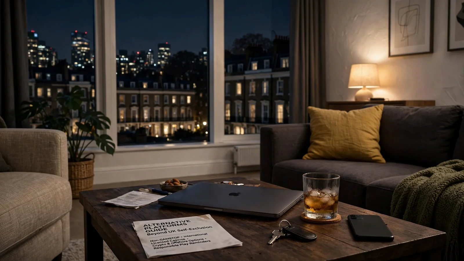 Closed laptop and phone on a London apartment table at night, suggesting alternative online gambling.