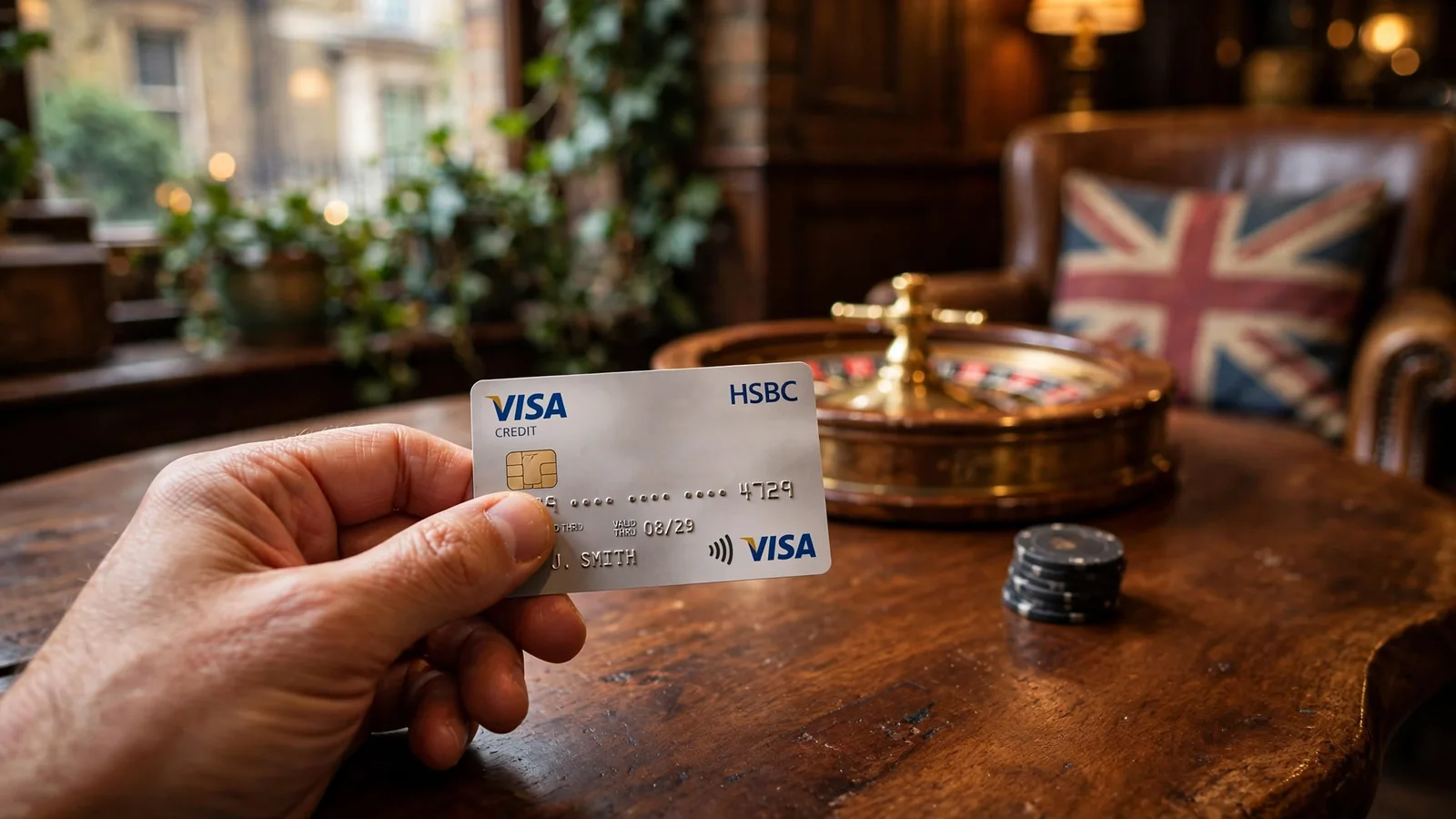 Hand holding a credit card over a wooden table with a roulette wheel in the background, UK setting.