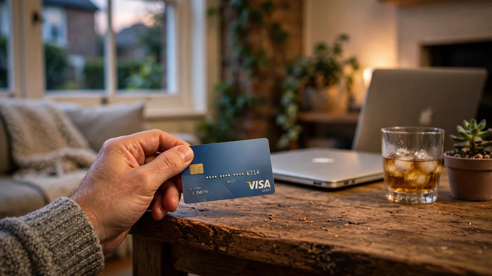 Hand holding a Visa debit card near a closed laptop