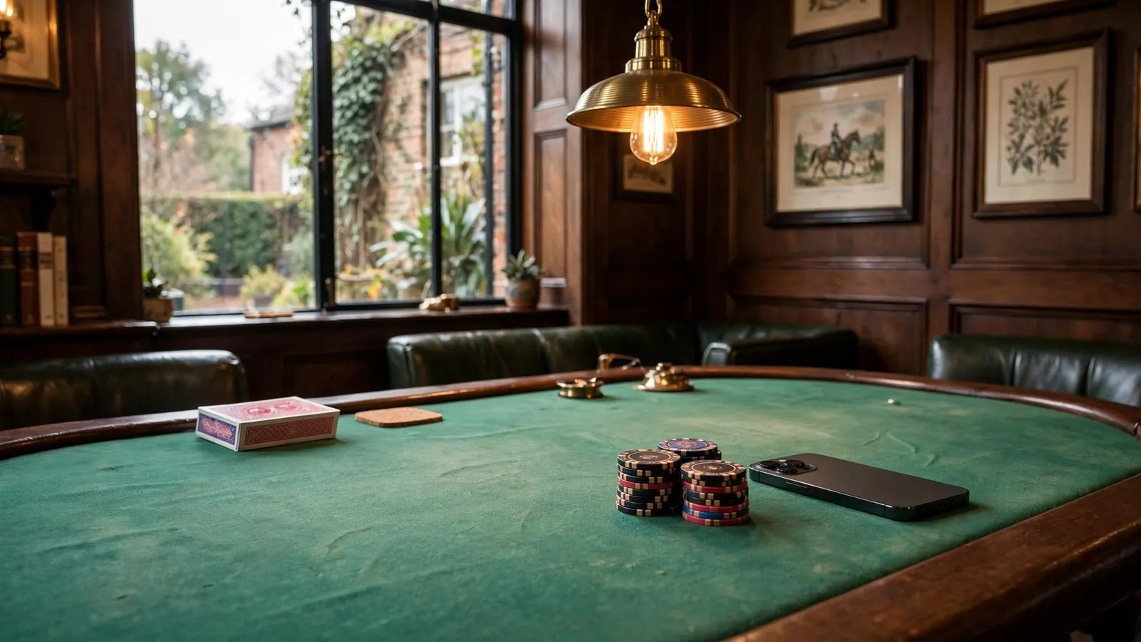 Casino card table with poker chips and a face-down smartphone in a British-style gaming lounge