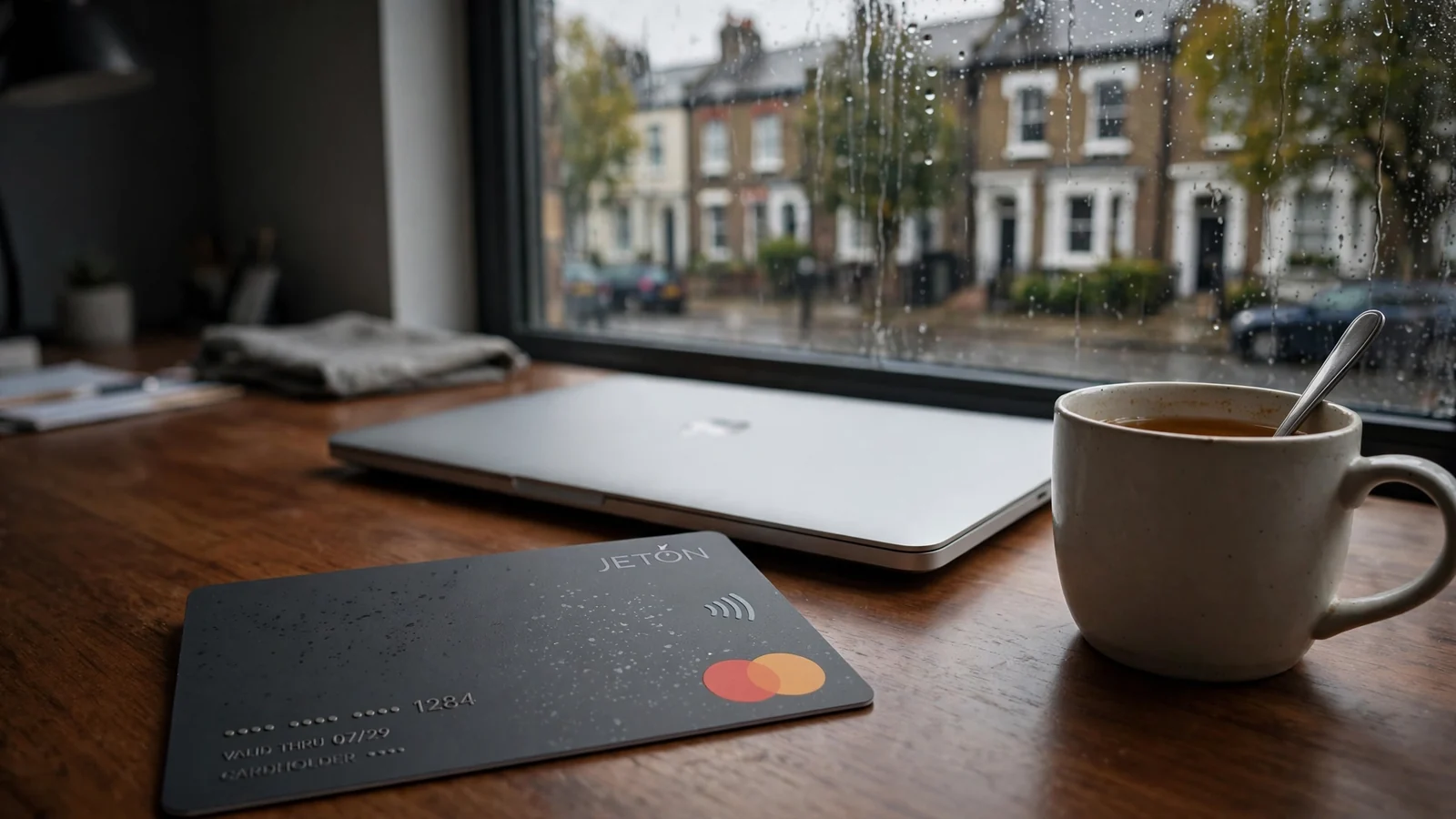 Jeton e-wallet card on a desk in a London home office.