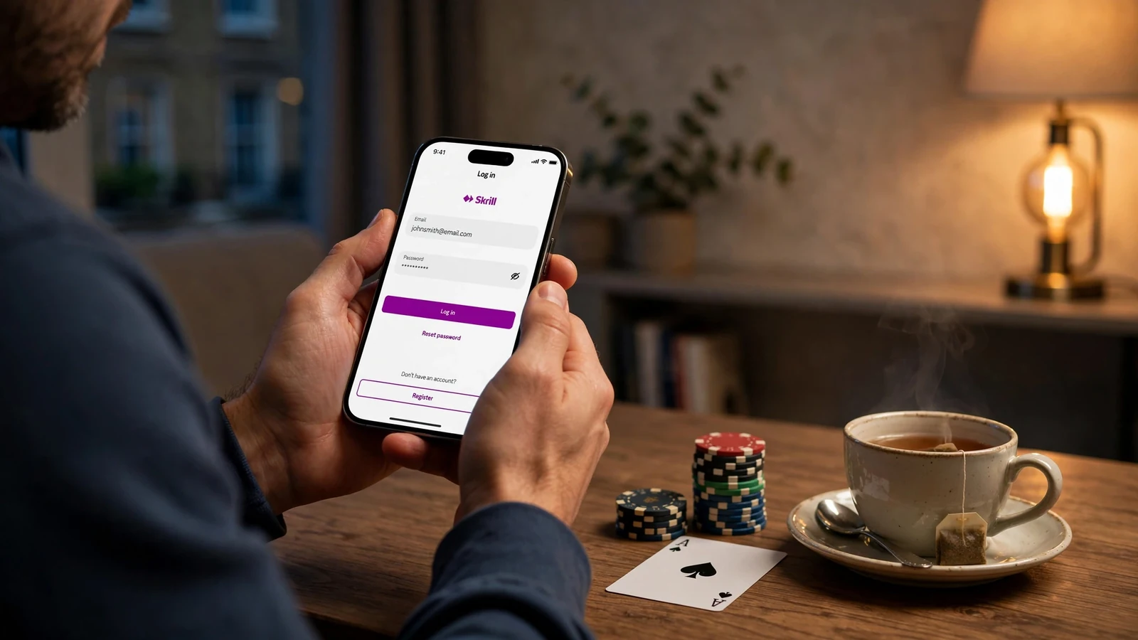Hands using Skrill e-wallet on smartphone at a table with casino chips and tea in a UK home.