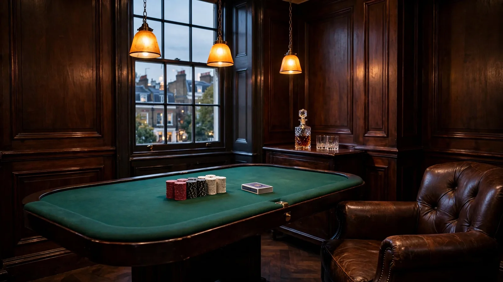 Private VIP card room in a London club with leather chair, chips and amber lighting