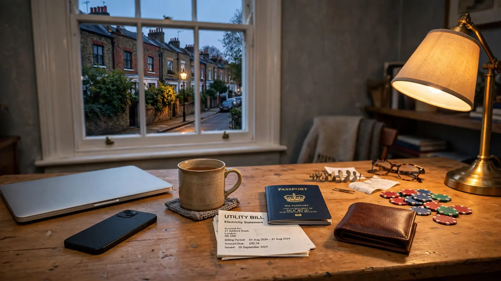 Evening home desk scene with closed laptop, ID documents, tea, and casino chips by a window.