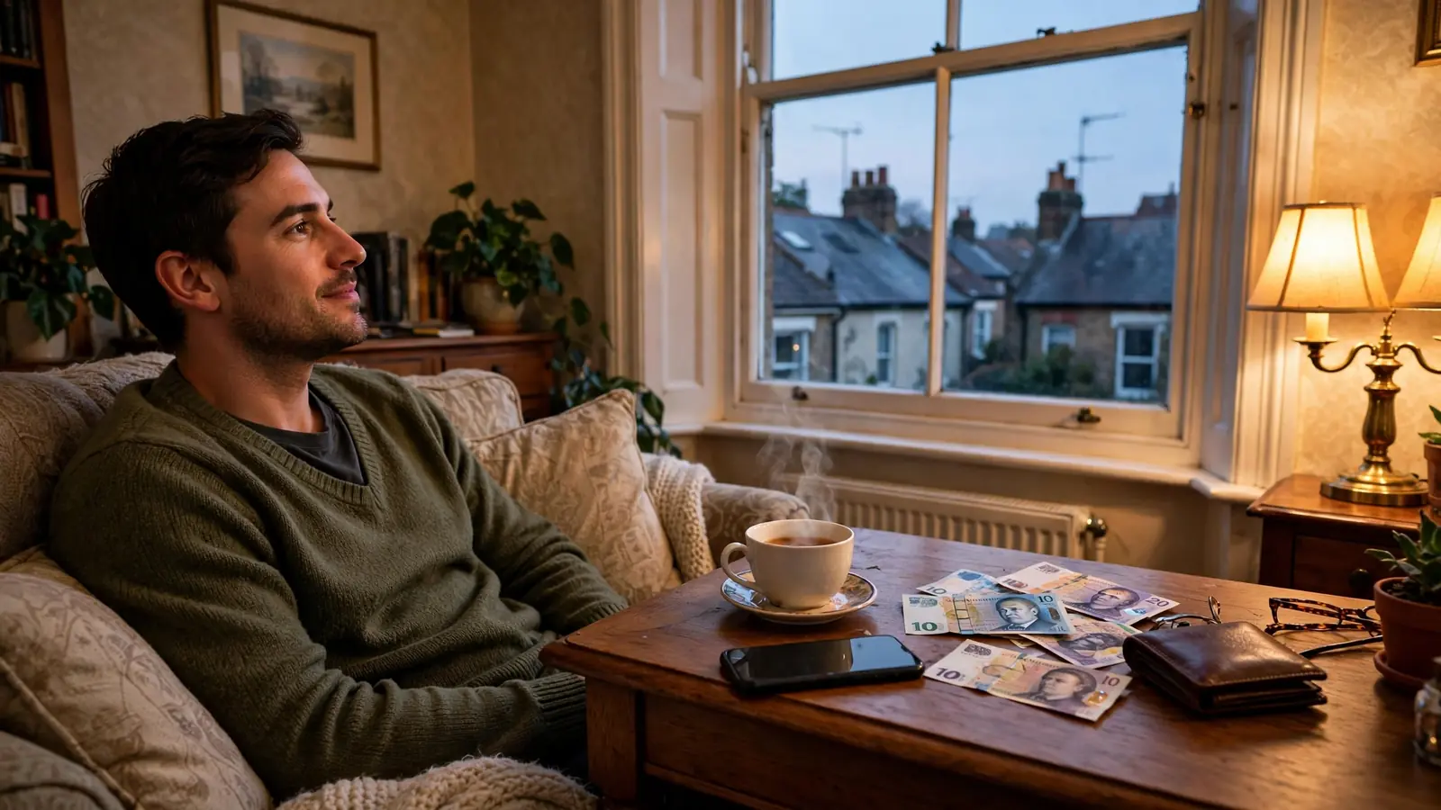 Person relaxing at home beside face-down phone and British pounds