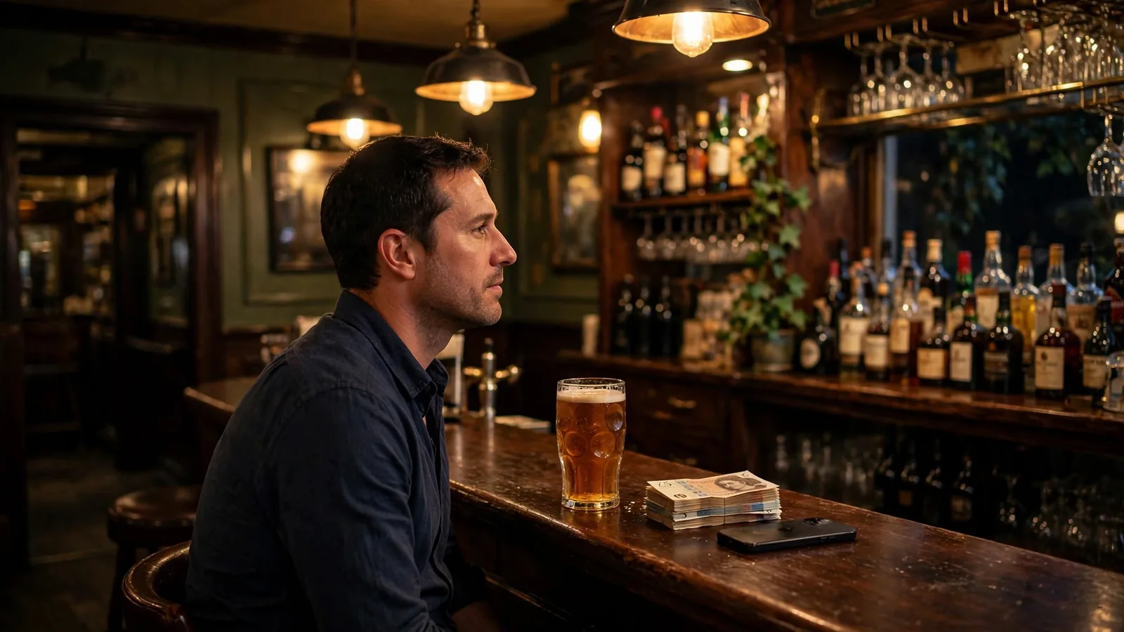 Man at a British pub bar with a pint and cash beside his phone.