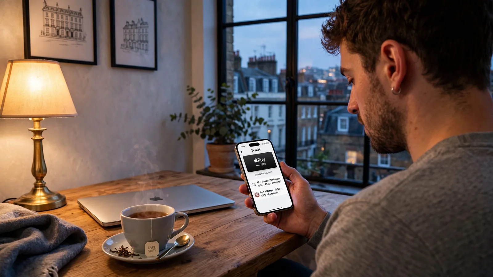 Person checking Apple Pay on iPhone at home desk with laptop and tea