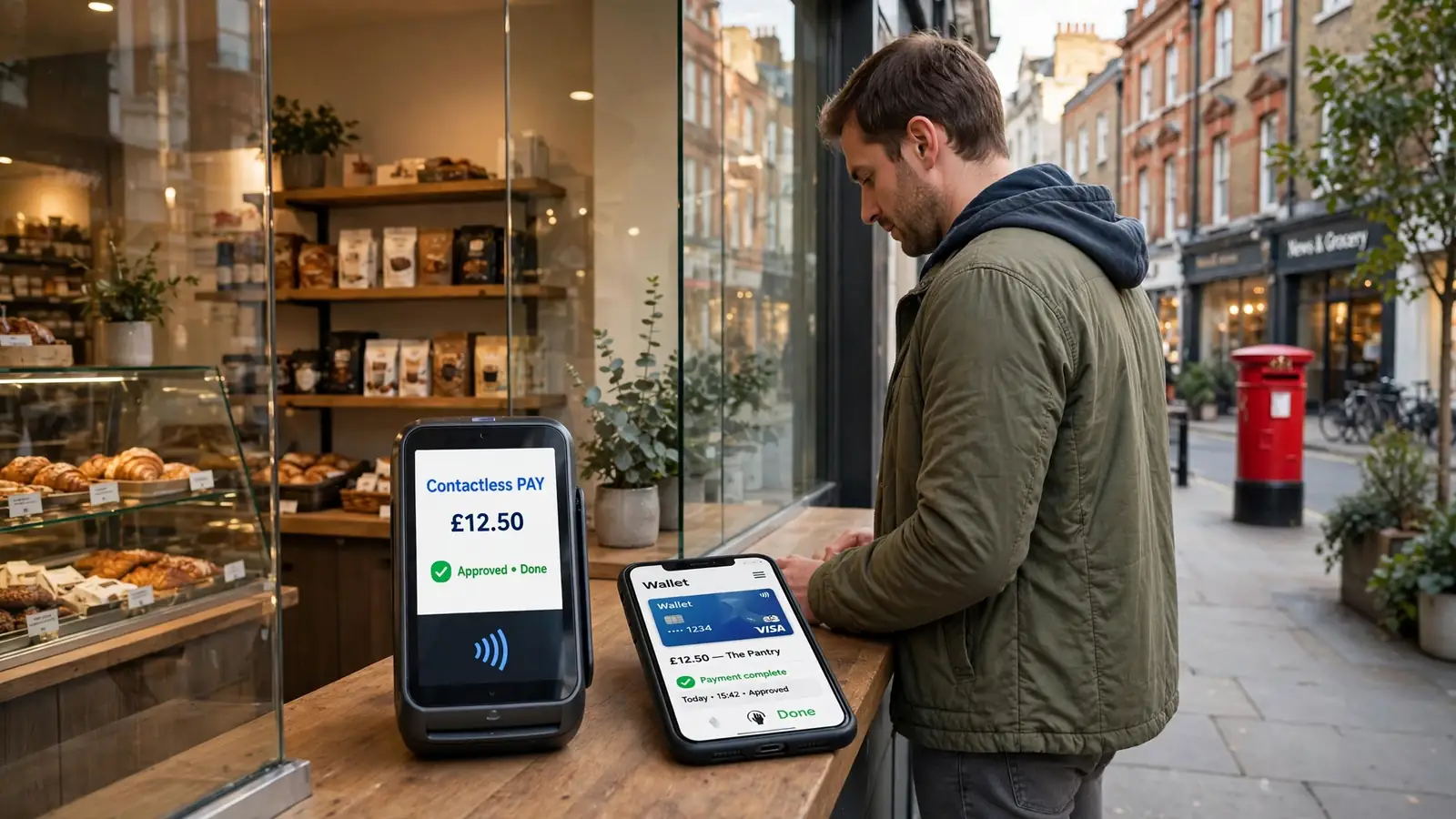 Person using a contactless digital wallet payment on a London street.
