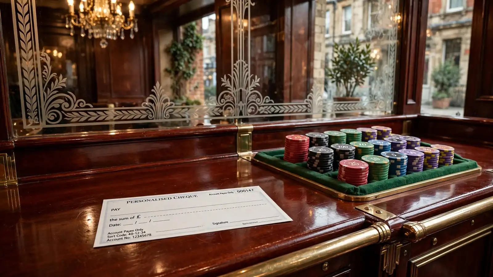 Blank cheque on cashier counter beside casino chips in a UK gaming venue.