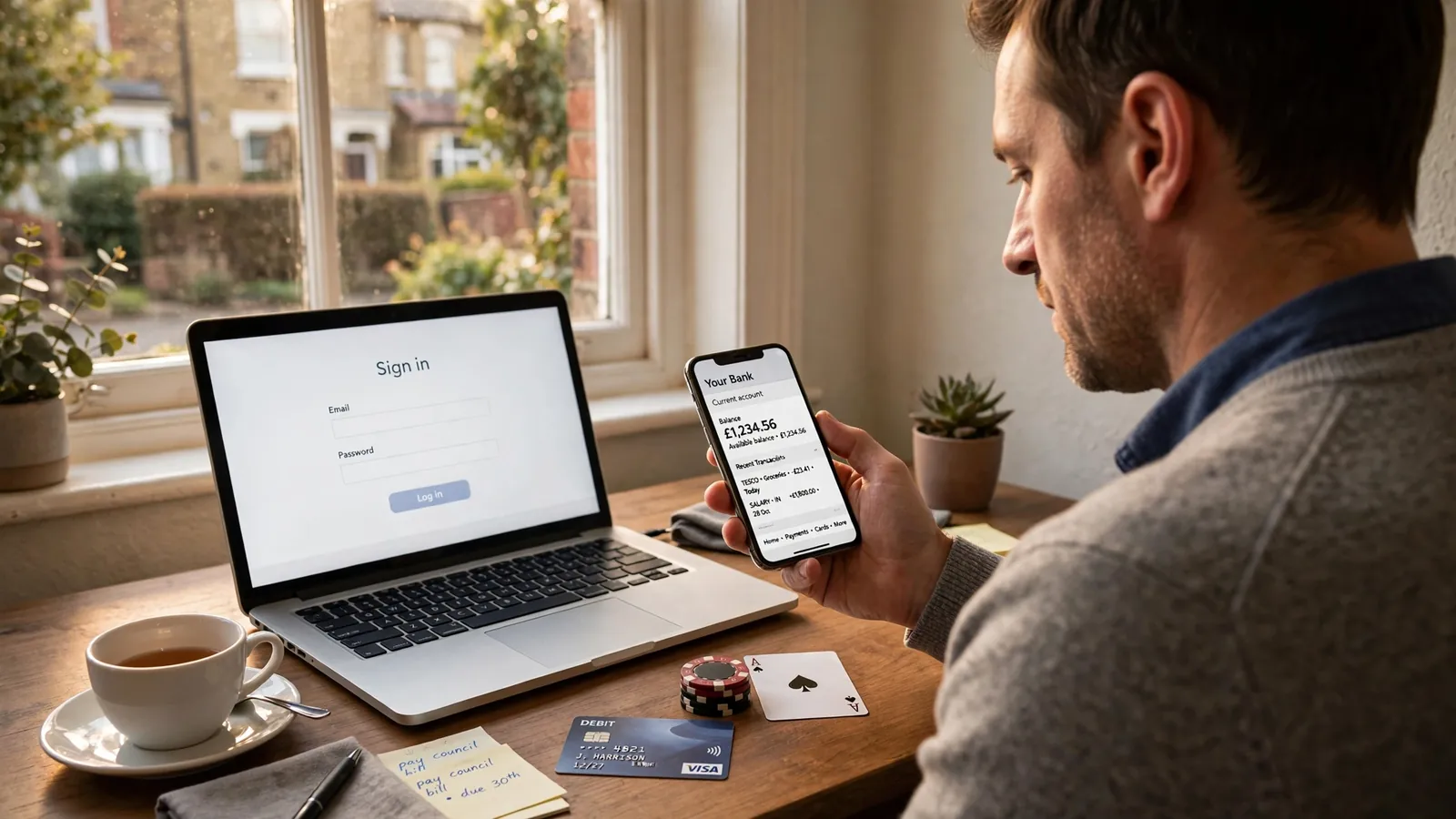 British player at home desk with smartphone, debit card, chips, and tea