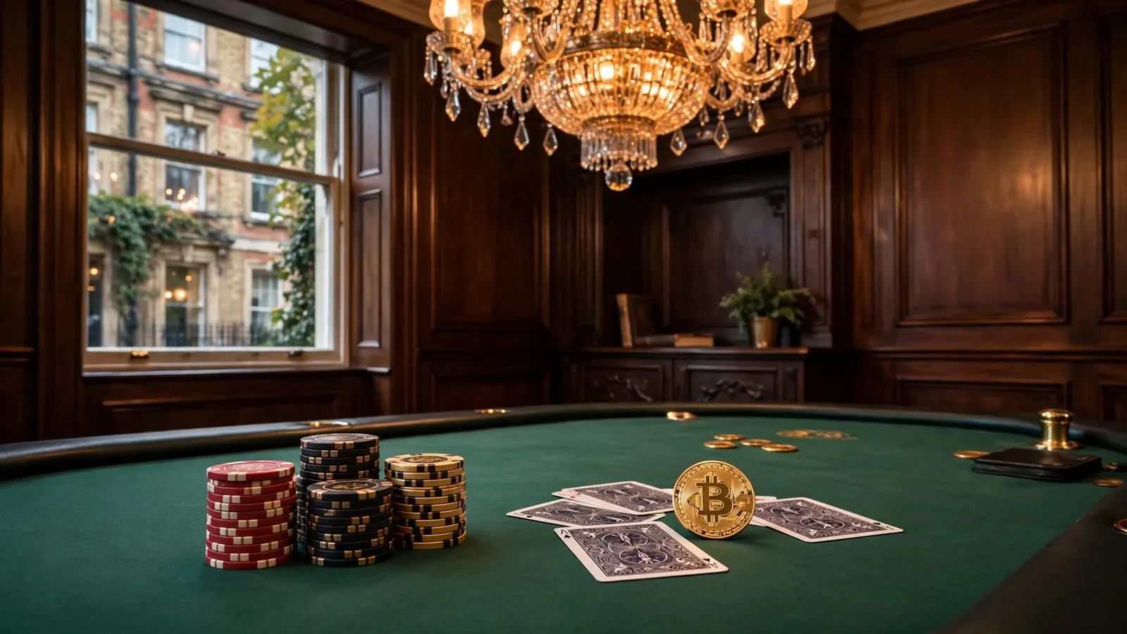 UK casino gaming table with chips, cards, and a Bitcoin token
