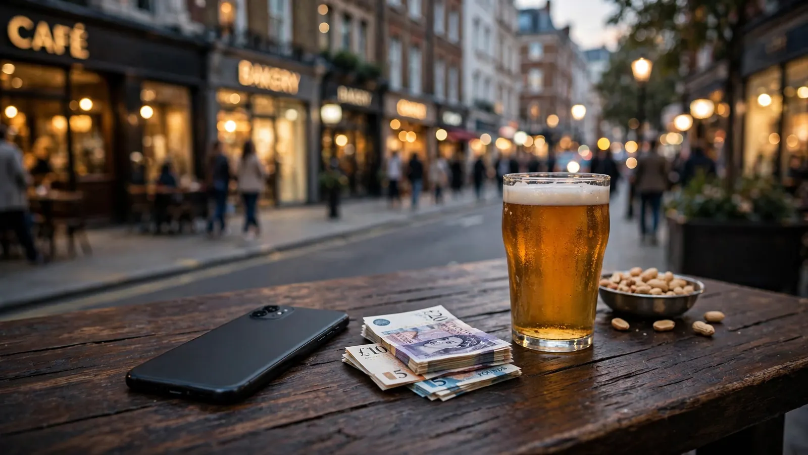 Smartphone on a pub table with British pounds and a pint, London high street background