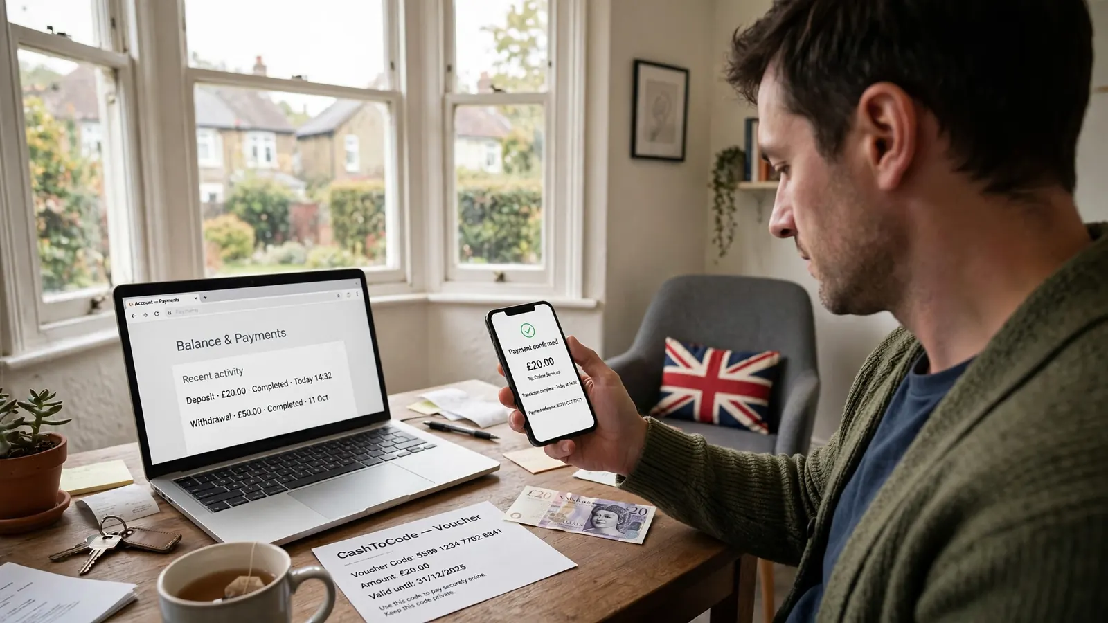 UK player using a CashtoCode voucher to deposit at a British online casino from home.