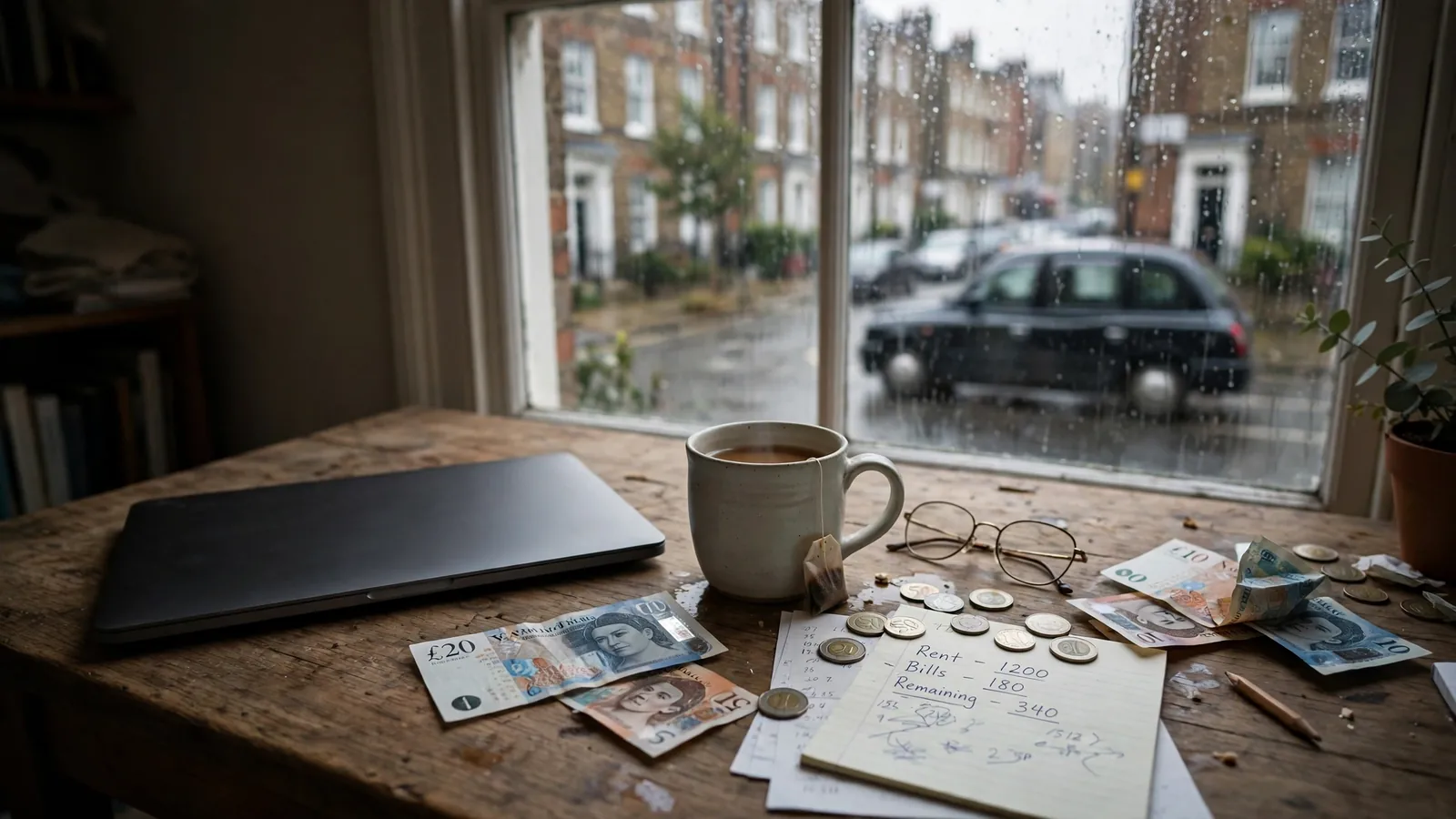 Closed laptop, tea, and cash on a desk by a rainy UK window