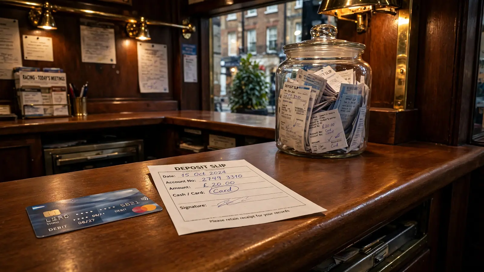 Cashier counter with payment card at a UK betting shop